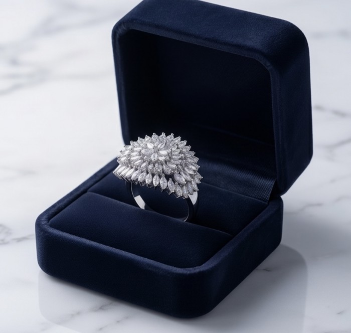 Aphrodite - 10.8 carat White Topaz Silver tone handcrafted Soild ring size 8 1/2 - Aphrodite ring in box, top view, showcasing 10.8 carat white topaz design
