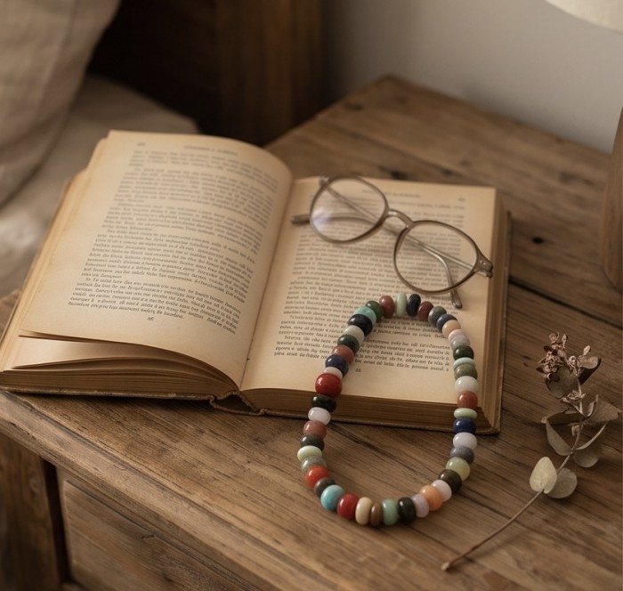 Power of Nature 225.5 carat Multistone .925 Sterling Silver handcrafted Large necklace - Beaded necklace on open book with glasses, top view.