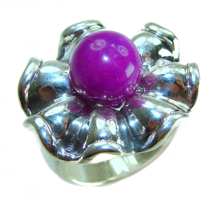 Spring 5.8 carat Purple Agate .925 Sterling Silver handcrafted ring size 8 - Purple Agate ring, top view, with ornate silver petals.