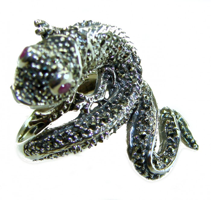 Lizard Natural Marcasite Ruby .925 Statement Sterling Silver ring size 7 - Lizard ring with marcasite and ruby stones, close-up view.