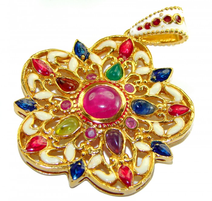Circle of Life * Deluxe 8.2 carat authentic Ruby enamel 18K Gold over .925 Sterling Silver handmade Pendant - Close-up of Circle of Life pendant, colorful gemstones and enamel design.