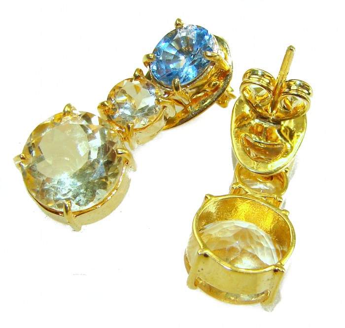 Fiesta Authentic 12.5 carat Multigem .925 Sterling Silver dipped in 14K Gold over brilliantly handcrafted earrings - Gold earrings with multi-colored gems, front and back view.