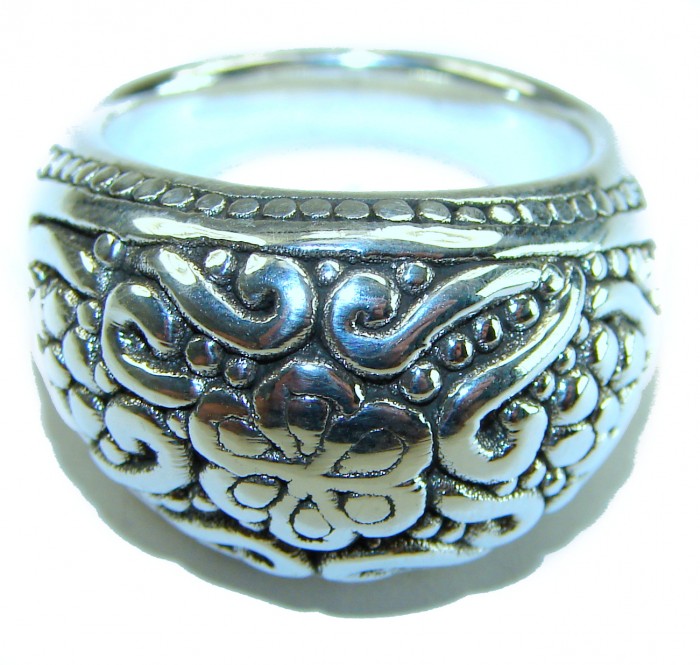 Large and Solid Bali made .925 Sterling Silver ring size 9 1/2 - Close-up of Bali sterling silver ring with intricate floral design.