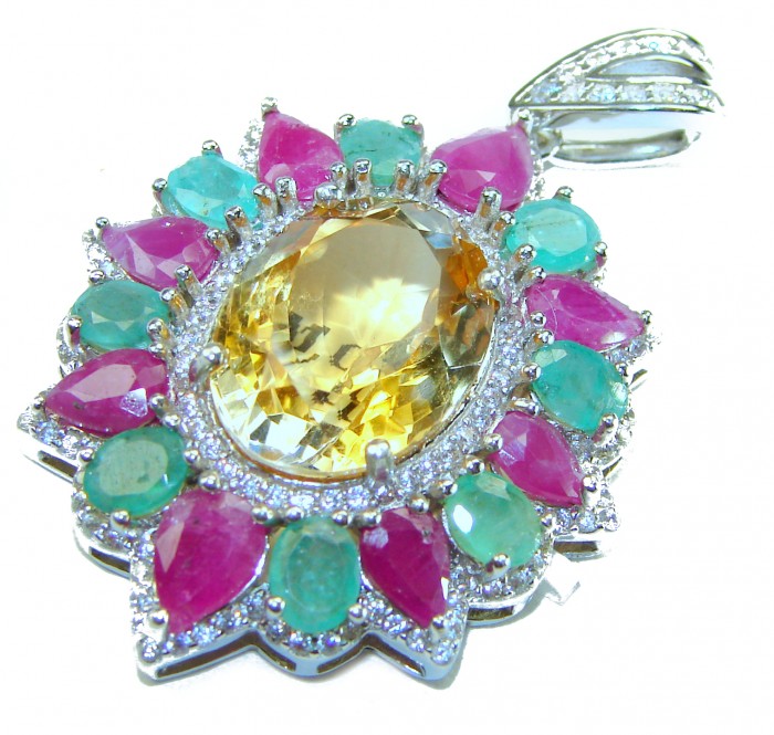 Vintage Design 12.4 CARAT authentic Citrine rhodium over .925 Sterling Silver handcrafted Pendant - Close-up of vintage citrine pendant with emerald and ruby accents