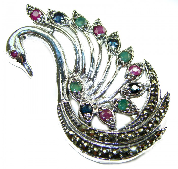 Perfect Swan .925 Sterling Silver handmade Pendant Brooch - Peacock-shaped sterling silver pendant brooch, top view.