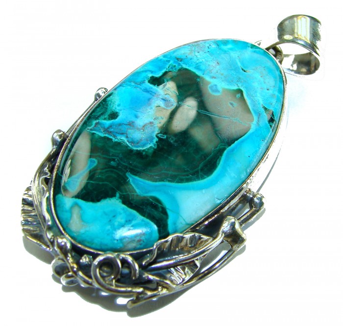 Colors of the Earth Authentic Chrysocolla .925 Sterling Silver handcrafted Large Pendant - Chrysocolla pendant stone close-up with sterling silver detailing
