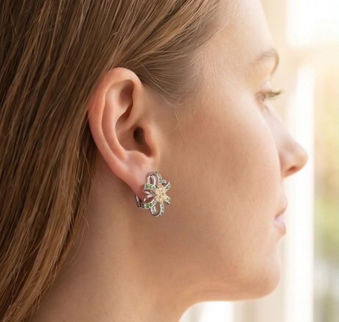 Wise Bliss Authentic 8.5 carat Chrome Diopside rhodium over .925 Sterling Silver handmade earrings - Side view of Wise Bliss 8.5 carat Chrome Diopside earrings worn.