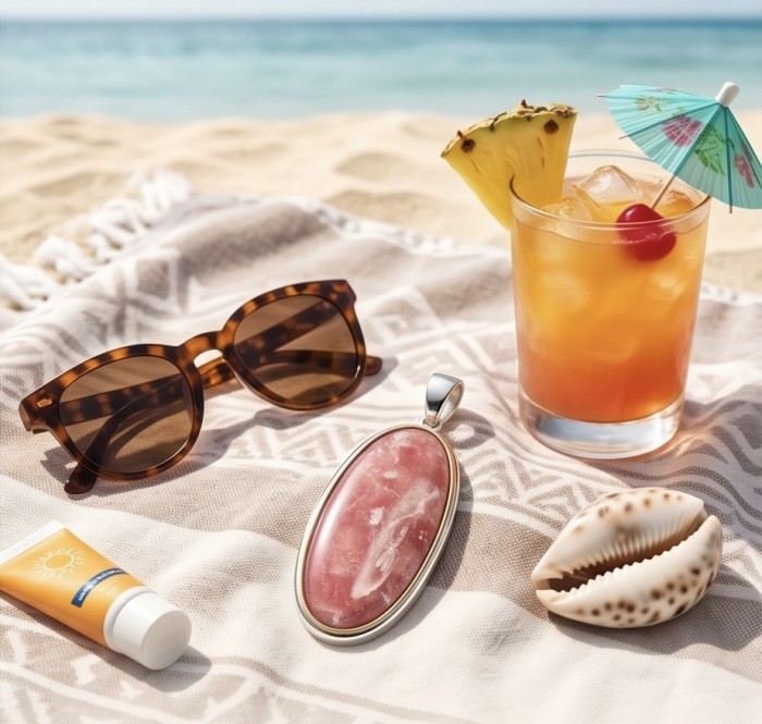 Genuine Argentinian Rhodochrosite .925 Sterling Silver handmade Pendant - Beach scene with Rhodochrosite pendant, sunglasses, drink, and seashell.