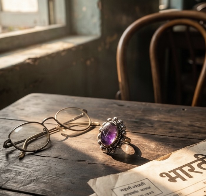 15.5 carat Amethyst .925 Sterling Silver Handcrafted Ring size 7 1/4 - Amethyst ring close-up on table with glasses and newspaper in sunlight.