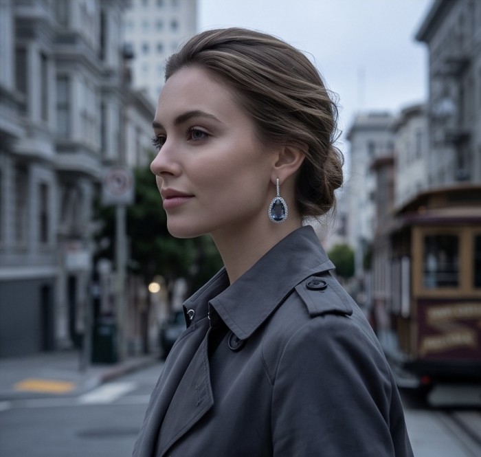 Stella 14.9 carat authentic London Blue Topaz .925 Sterling Silver Handcrafted Earrings - Side view of woman wearing Stella London Blue Topaz earrings.