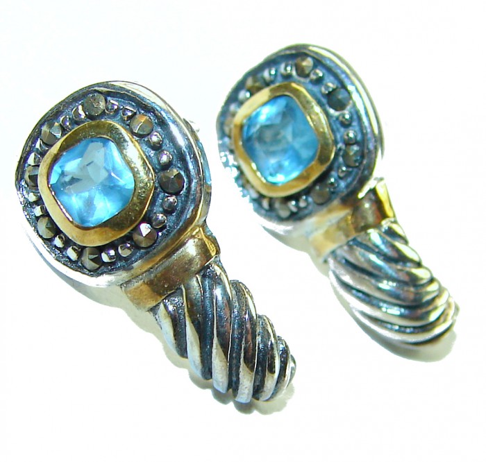 Seaside 2.5 carat Swiss Blue Topaz 2 tones .925 Sterling Silver handmade earrings - photo 3