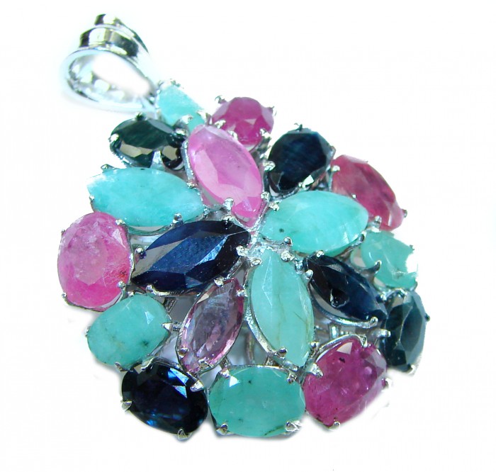 Precious Genuine 21.5 carat Emerald Ruby Sapphire .925 Sterling Silver handmade Pendant - Colorful gemstone pendant, top view, featuring emerald, ruby, and sapphire.