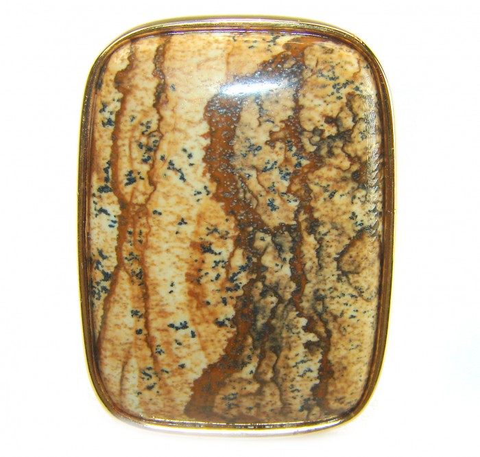 Back to Nature Huge Picture Jasper 14K Gold over .925 Sterling Silver handcrafted ring s. 8 - Close-up of Back to Nature Picture Jasper with gold border.