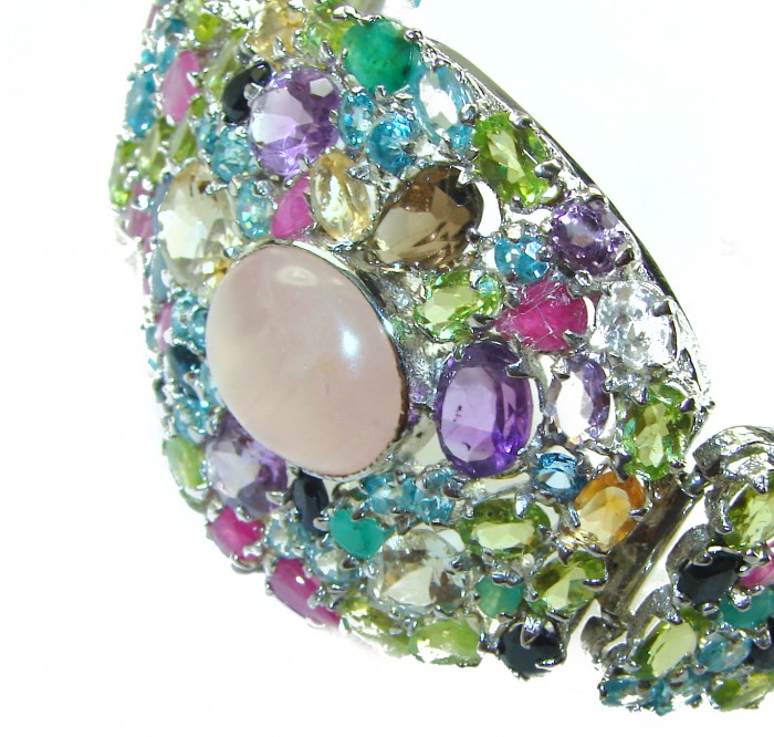 Pink Cascade authentic Italy made 125.5 carat Rose Quartz .925 Sterling Silver handmade Statement Bracelet - Colorful gemstone bracelet, side angle with rose quartz centerpiece.