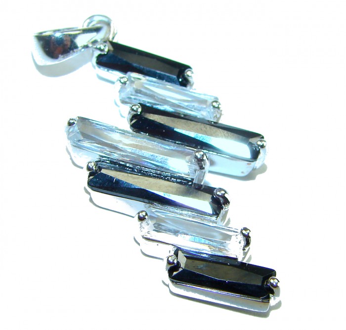 Precious White Black Topaz .925 Sterling Silver Necklace - Close-up of black and white topaz necklace stones, side view.