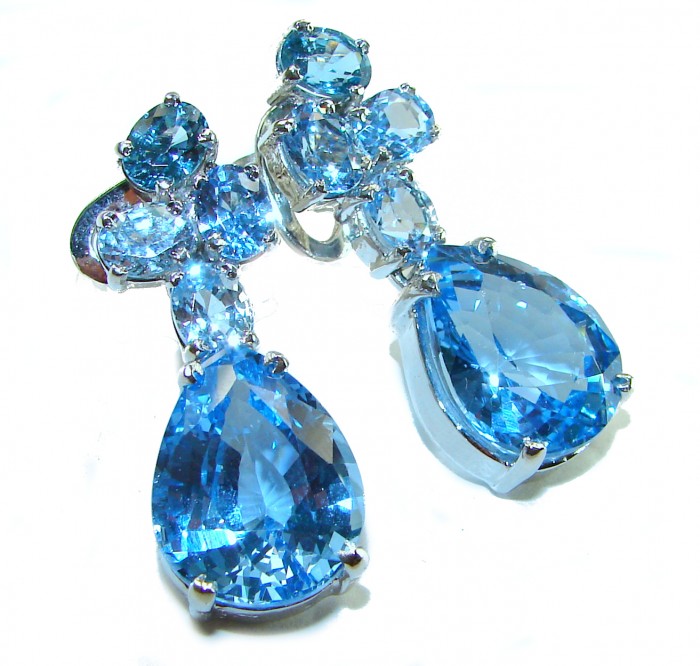 Blue Odyssey 29.5 carat authentic Swiss Blue Topaz .925 Sterling Silver handmade Statement earrings - Close-up of Blue Odyssey Swiss Blue Topaz earrings, front view.