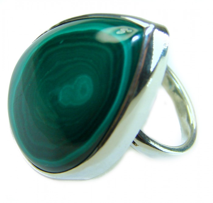 25.5 CARAT genuine Malachite .925 Sterling Silver handcrafted ring size 7 adjustable - Stone close-up of Malachite ring in .925 Sterling Silver.