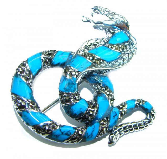 Cobra Snake inlay Turquoise .925 Sterling Silver handcrafted Brooch - Cobra snake brooch, turquoise inlay, top view, handcrafted sterling silver.