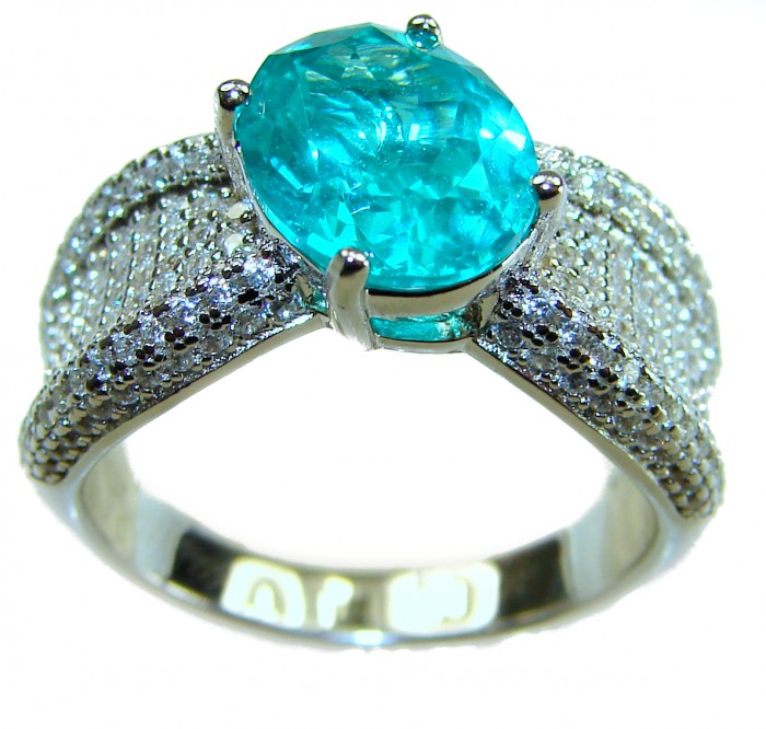 Eau Pure 7.5 carat Paraiba Tourmaline .925 Sterling Silver Handcrafted Ring size 7 1/4 - Close-up of Eau Pure Paraiba Tourmaline ring in sterling silver.