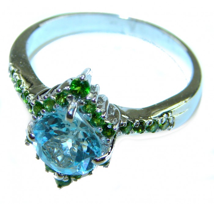 Emily 6.8 carat Swiss Aquamarine Emerald .925 Sterling Silver handmade Statement Ring size 8 - Aquamarine and emerald ring close-up, sterling silver band.