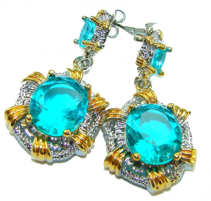 Costa del Sol 9.8 carat Apatite 2 tones .925 Sterling Silver Handcrafted Statement earrings - Close-up of Costa del Sol 9.8 carat apatite earrings in two-tone sterling silver.