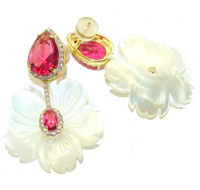 Summer Flowers Blister Pearl Red Topaz 14K Gold over .925 Sterling Silver handcrafted Earrings - Summer Flowers earrings, front view, pearl petals, red topaz, gold accents