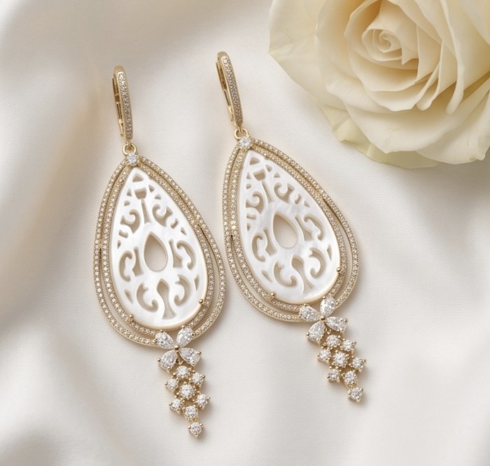 Genuine Blister Pearl lab grown Diamond 18K Gold over .925 Sterling Silver handcrafted Long Statement Earrings - Elegant earrings on satin with blister pearl design and diamond accents.