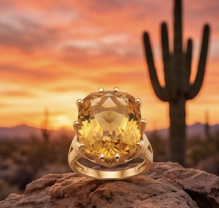 Liliana 28.5 carat HELIODOR .925 Sterling Silver dipped in Real 22K Gold Oversized Ring size 10 - Close-up of Liliana 28.5 carat heliodor ring against desert sunset backdrop.