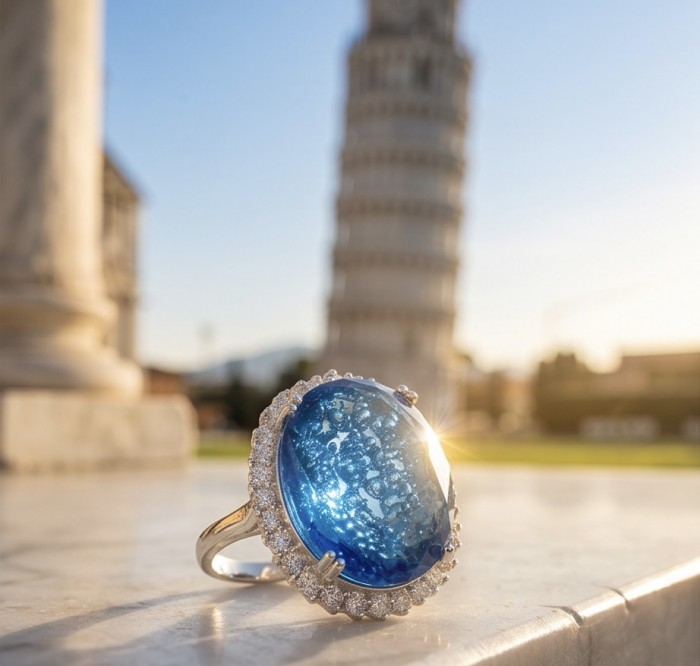 Angelina 14.9 carat authentic Swiss Blue Topaz .925 Sterling Silver Handcrafted Ring size 8 - Close-up of Swiss Blue Topaz ring against Leaning Tower of Pisa backdrop