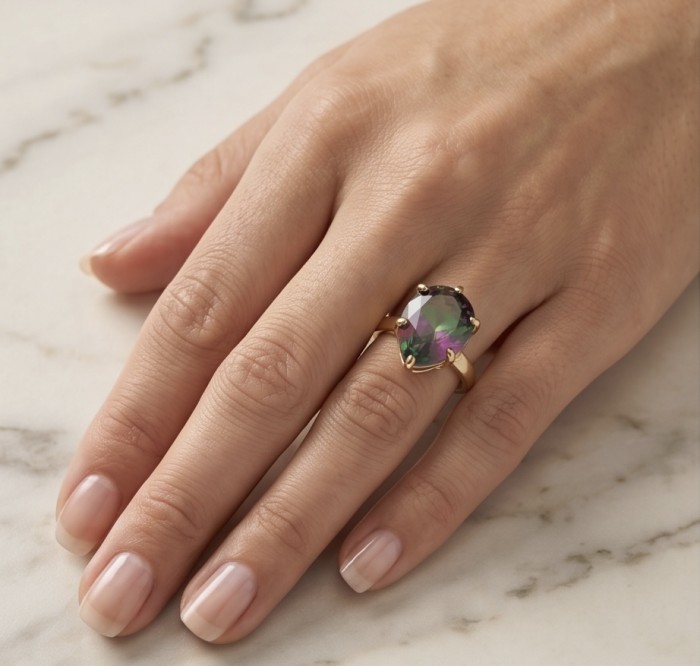 6.8 carat Brazilian Tourmaline .925 Sterling Silver dipped in 18K Gold Perfectly handcrafted Ring s. 8 1/4 - Tourmaline ring worn on hand, gold setting, marble background