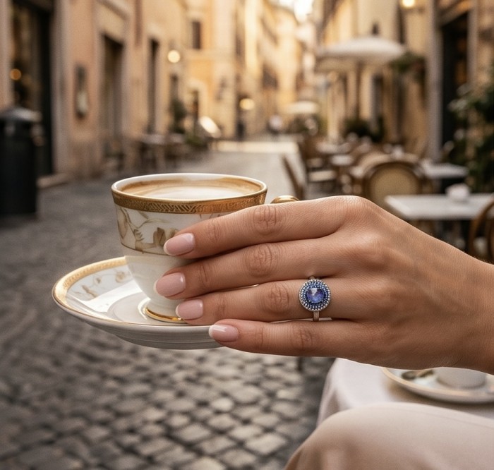 Luxurious 3.7 carat Tanzanite pave 0.8 carat Sapphire .925 Sterling Silver handcrafted Ring size 8 - Luxurious 3.7 carat Tanzanite ring worn on hand holding a coffee cup