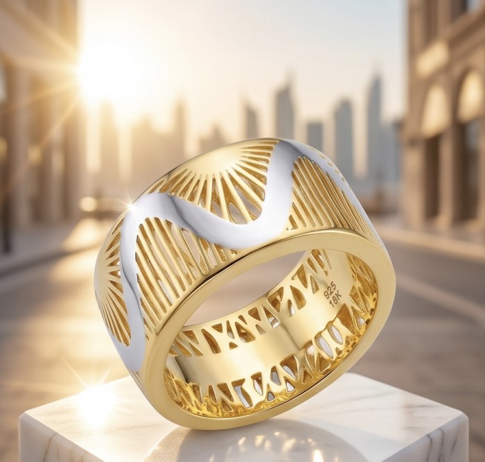 Secret code Precious Natural 18K Gold over .925 Sterling Silver Women ring size 7 - Elegant gold and silver ring, close-up, intricate cut-out design.