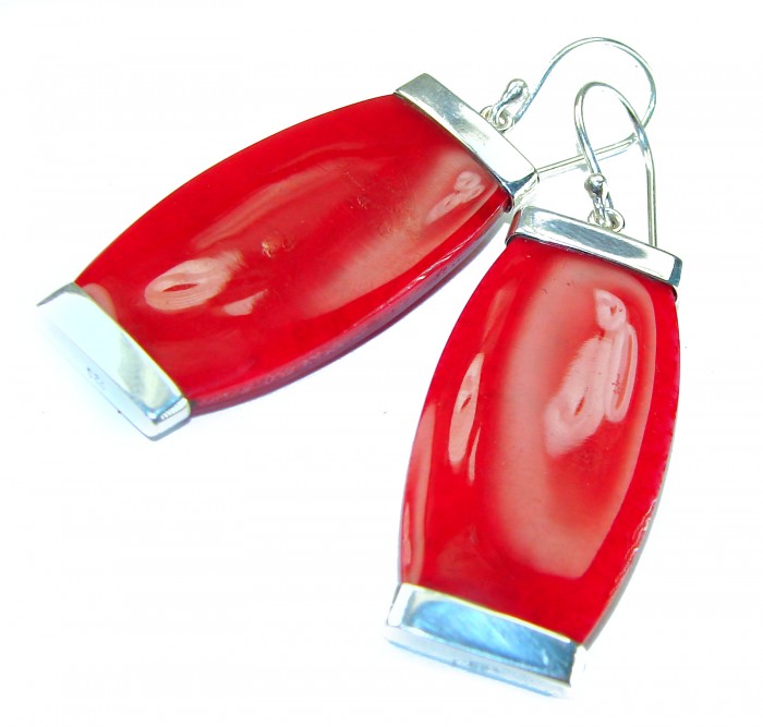 Large Genuine Red Fossilized Coral .925 Sterling Silver handmade earrings - photo 3