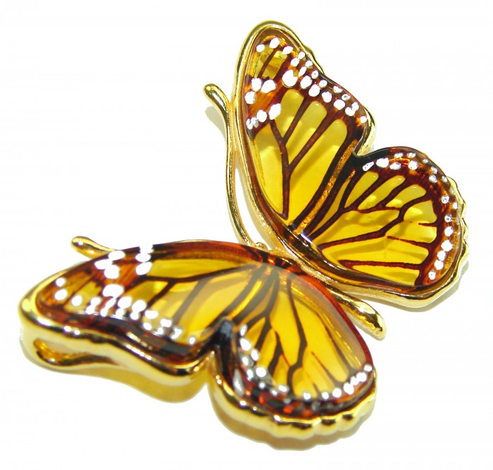 Golden Butterfly Baltic Polish Amber 18K Gold over .925 Sterling Silver handcrafted Pendant / Brooch - photo 1