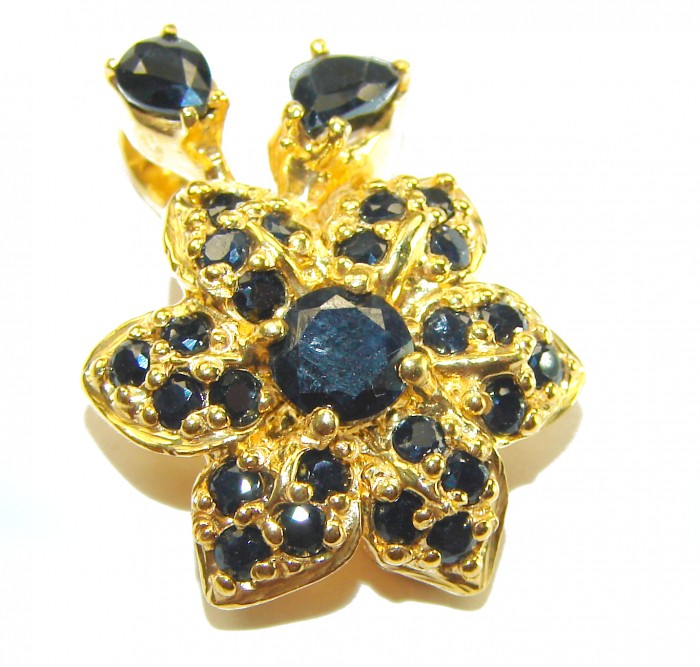 Authentic 10.5 carat faceted Sapphire 14K Gold over .925 Sterling Silver handcrafted Statement Pendant - Close-up of sapphire and gold floral jewelry piece