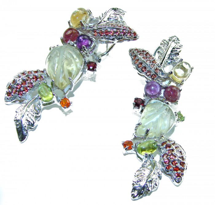 Eden - Luxurious Style Natural carved Citrine 18K Gold over .925 Sterling Silver handmade earrings - Ornate earrings with colorful stones, top view.