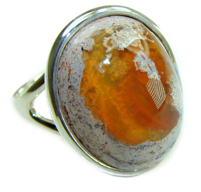 Orange Galaxy best quality 26.4 carat Mexican Opal .925 Sterling Silver handmade ring 9 - Close-up of Orange Galaxy 26.4 carat Mexican Opal in silver setting