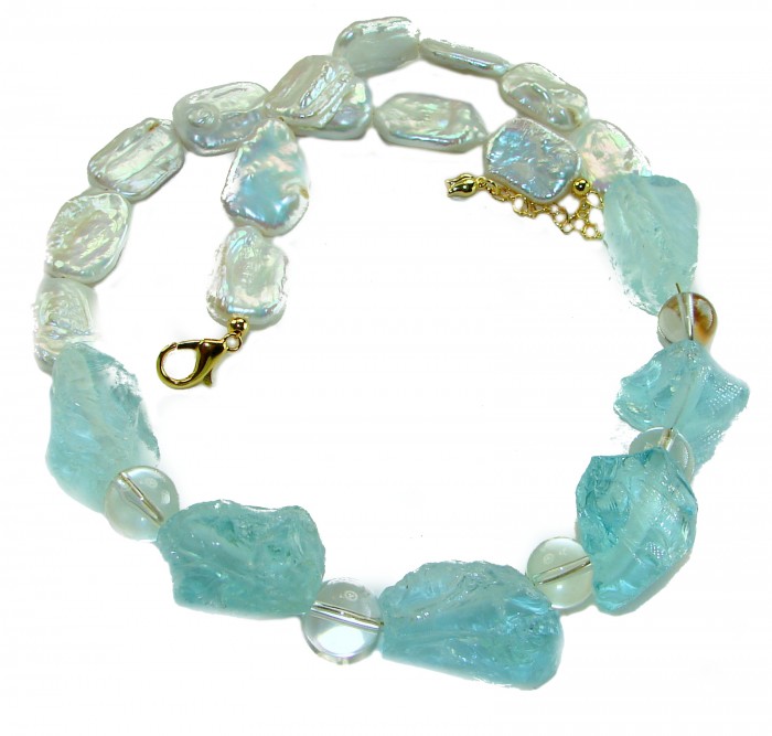 Sky and Ocean authentic rough Aquamarine Mother of Pearl 10k Gold over .925 Sterling Silver handcrafted STATEMENT Necklace - Aquamarine and Mother of Pearl necklace with gold clasp detail.