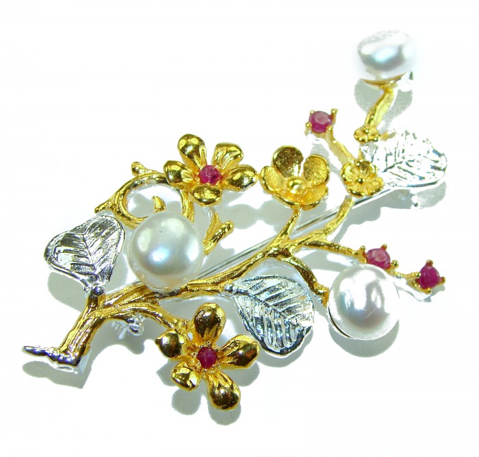 Floral Design Genuine Pearl Ruby 14K Gold .925 Sterling Silver handmade Pendant Brooch - Floral brooch with pearls and rubies, top view angle.