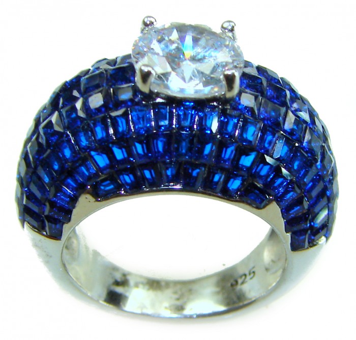 Precious Design oval cut 15.9 CARAT Sapphire White Topaz .925 Sterling Silver Statement Ring s. 6 - Close-up of Sapphire and Topaz ring with oval cut stones.