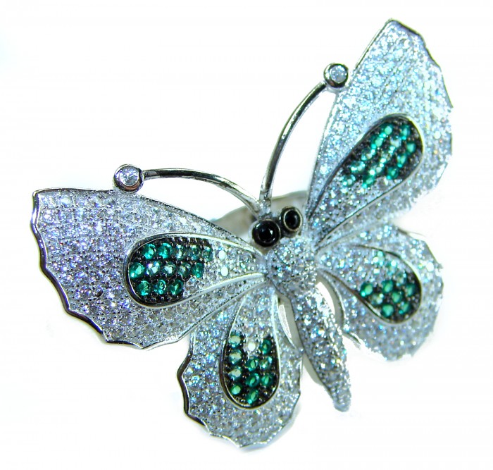 Precious Butterfly Genuine 10.5 carat Emerald .925 Sterling Silver handmade LARGE Statement Ring size 8 - Butterfly brooch with emeralds, top detail view, sterling silver.