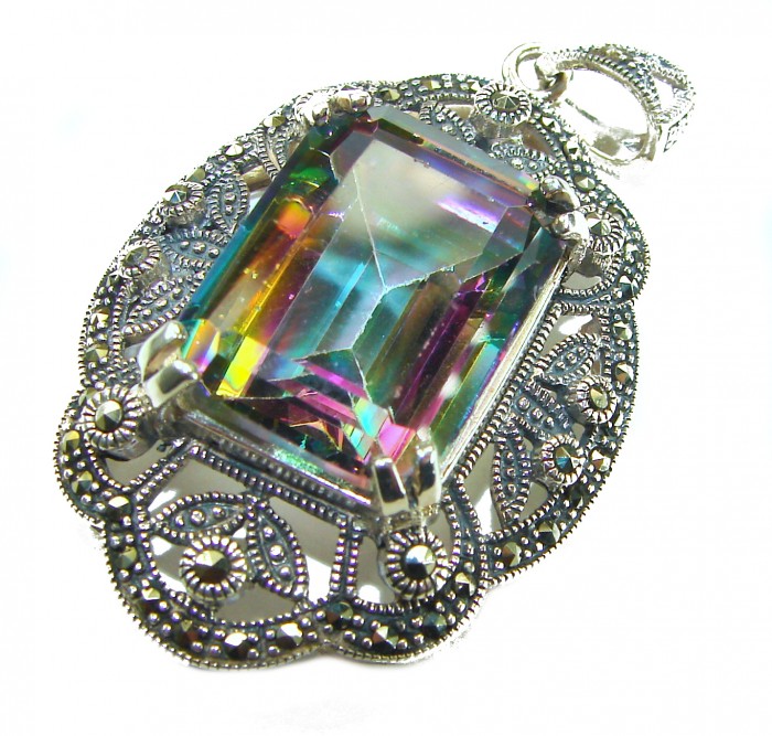 Spectacular 14.2 cut Mystic Topaz Marcasite .925 Sterling Silver handcrafted Pendant - photo 2