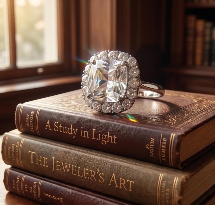 Classic Beauty 10.5 carat White Topaz .925 Sterling Silver Statement ring size 7 - Side view of Classic Beauty ring on stacked vintage books.