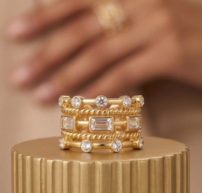 Francesca 4.8 carat White Topaz Golden handcrafted Statement Ring size 7 ADJUSTABLE - Close-up of Francesca 4.8 carat White Topaz Gold Statement Ring.