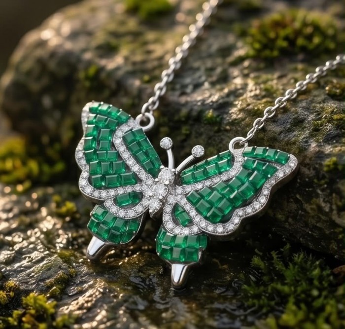 Precious Butterfly authentic 12.9 carat Colombian Emerald .925 Sterling Silver handcrafted Statement necklace - Butterfly necklace with emeralds and diamonds on a mossy rock close-up.