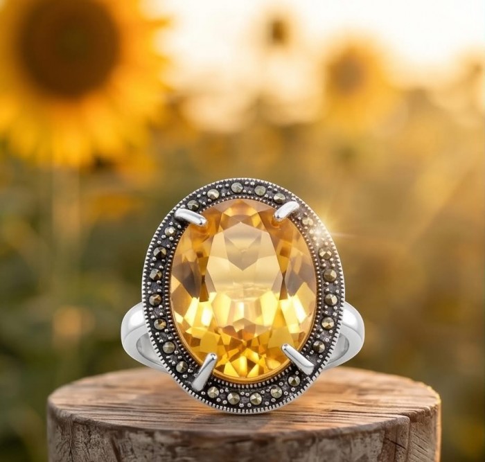 Golden Dream 22.5 carat Citrine Marcasite .925 Sterling Silver Handcrafted Ring size 8 3/4 - Close-up of Golden Dream Citrine ring with marcasite on wood display.
