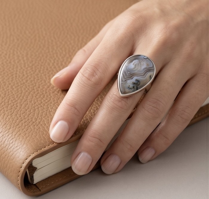 Top quality Great Crazy Lace Agate .925 handcrafted Sterling Silver Ring s. 8 adjustable - Ring with Crazy Lace Agate worn on hand, close-up view.