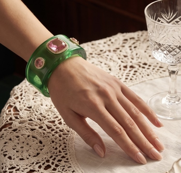Candy Store - Modern Design Natural Green Raisin Pink Topaz .925 Sterling Silver bracelet - Hand wearing green bracelet with pink stones on lace tablecloth.