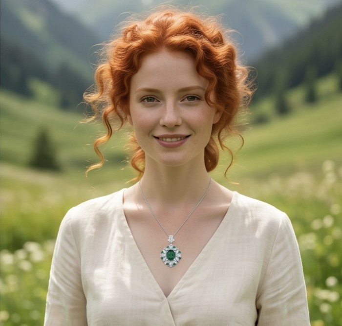Incredible Natural 10.5 carat Chrome Diopside .925 Silver handcrafted Necklace - Woman wearing 10.5 carat chrome diopside necklace in natural setting.