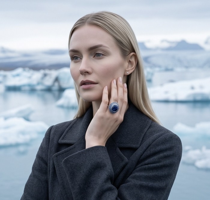 Julietta 14.8 carat London Blue Topaz .925 Sterling Silver handmade Statement Ring size 6 - Woman wearing Julietta ring with London Blue Topaz in icy landscape